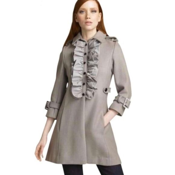 Manoush Anthropologie Gray Wool Coat Ruffle Neckline Size 2 - Picture 1 of 12